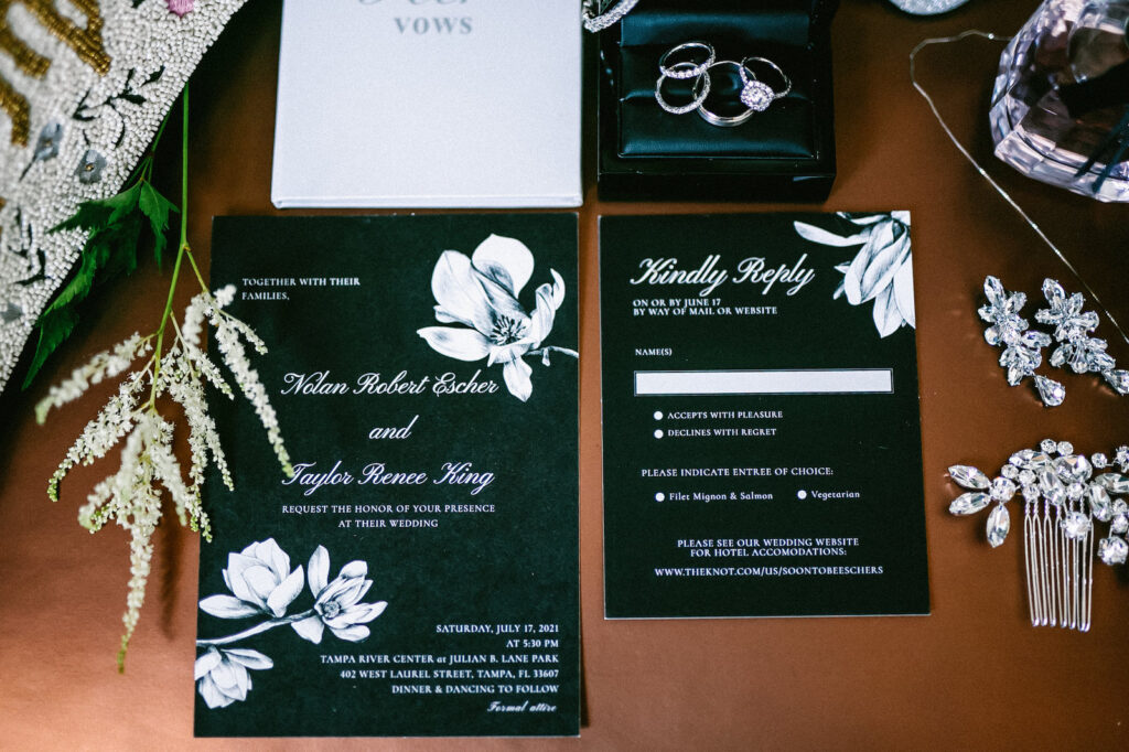 Black and White Floral Modern Elegant Wedding Invitation Suite