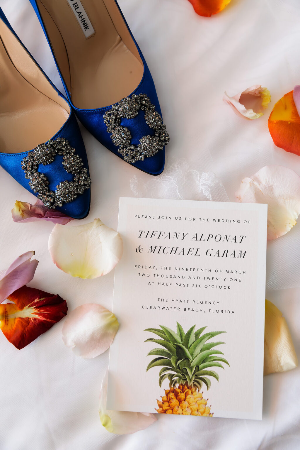 Tropical Pineapple Simple Wedding Invitation, Pointed Sapphire Blue and Black Rhinestone Brooch Manolo Blahnik Bridal Wedding Shoes | Tampa Bay Wedding Photographer Limelight Photography