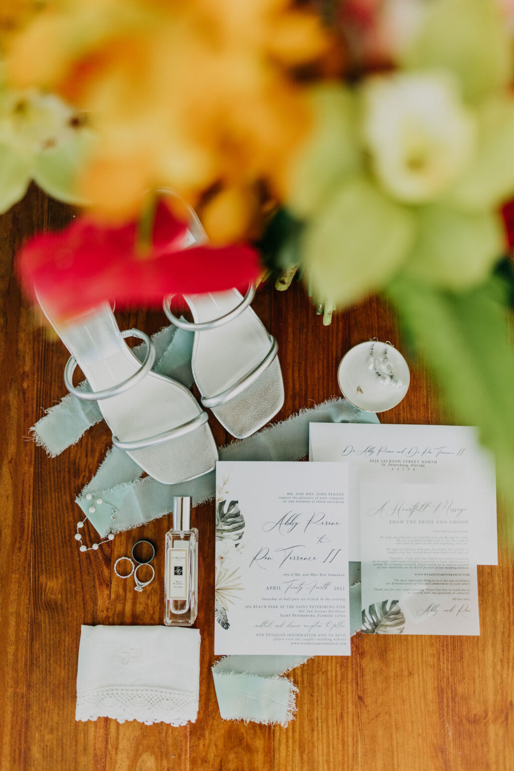 Tropical Green Palm Leaves and White Wedding Invitation Suite, Bridal Accessories | Tampa Bay Wedding Photographer Amber McWhorter Photography