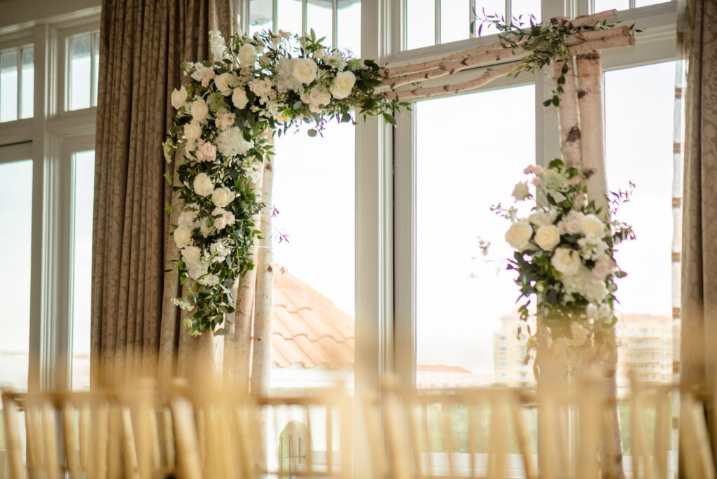 Indoor Wedding Ceremony with Floral Arch | Saint Petersburg Wedding Venue The Birchwood | Florida Wedding Planner Perfecting the Plan