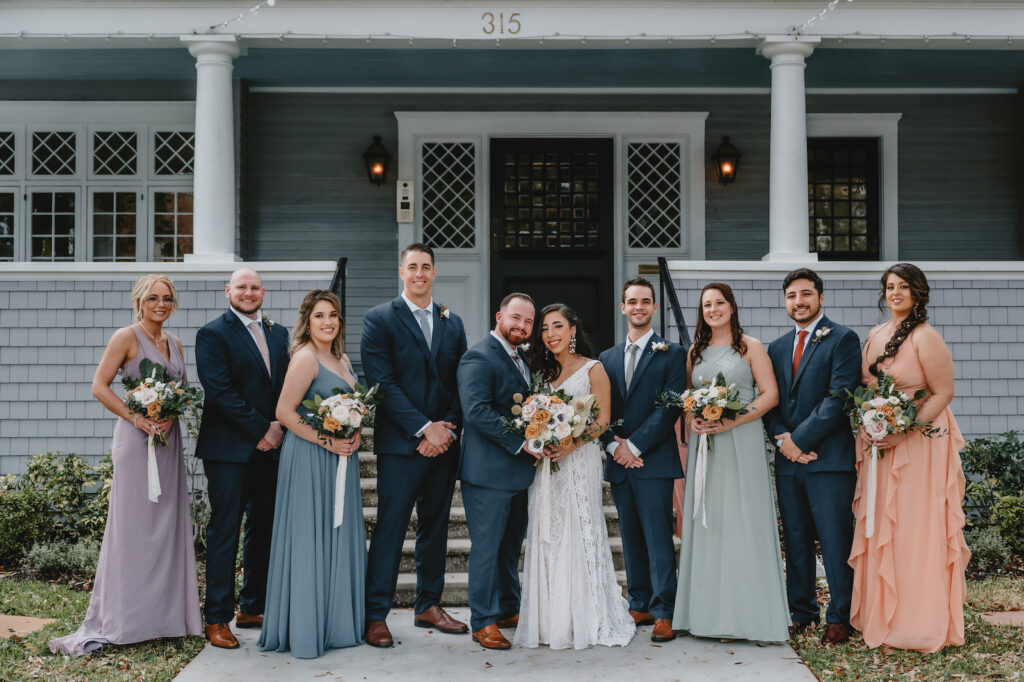 Tampa Bridal Party Wedding Portrait with Mis-Matched Purple, Peach, and Pastel Bridesmaids Dresses