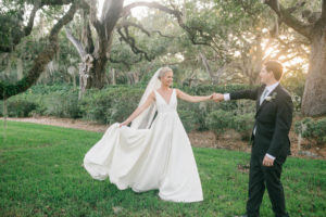 Bride and Groom Wedding Portrait | Bride in BHLDN Illusion Back Wedding Ballgown Dress with Classic Updo and Natural Makeup | South Tampa Hair and Makeup Artist Femme Akoi Beauty Studio