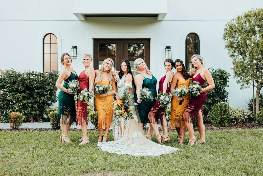 Mix and Match Mid Length Bohemian Bridesmaid Dresses in Mustard Yellow, Burgundy, and Deep Emerald Green | Bride in Fitted Wedding Dress | Two Sisters the Label and Coedition