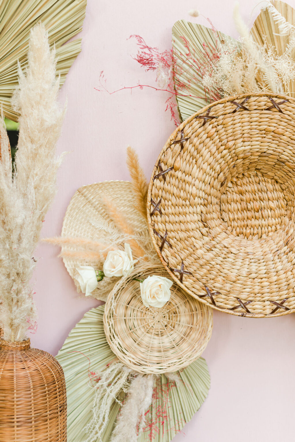 Boho Mid-Century Modern Wedding Ceremony Decor, Pink Wooden Round Arch with Sage Green Dried Leaves, Handwoven Baskets, Pampas Grass in Tall Rattan Vase | Tampa Wedding Ceremony Backdrop Designer Taylored Affairs | Big Fake Wedding