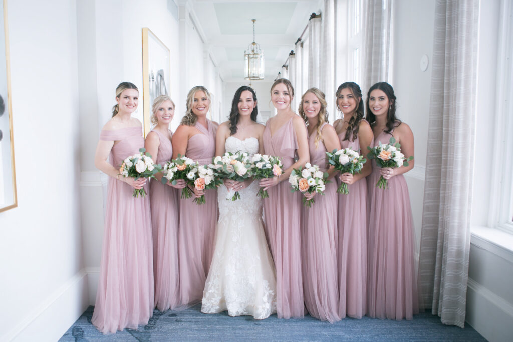Bride and Bridesmaids Wedding Portrait | Bridesmaids in Blush Pink Floor Length Wedding Dresses | Jenny Yoo | St. Pete Wedding PhotographerCarrie Wildes Photography