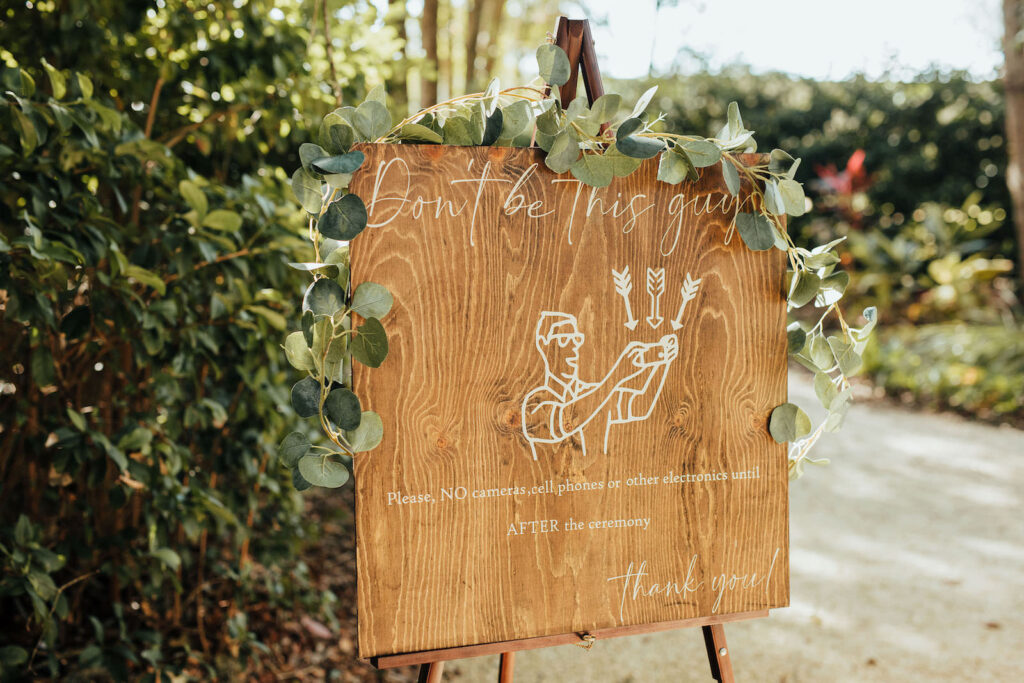 Whimsical Wooden Bohemian No Photo Wedding Ceremony Sign with White Writing
