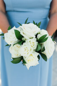 Elegant Clearwater Bridesmaid Bouquets, Ivory Rose Florals with Slate Blue Dress | Florida Wedding Florist Bruce Wayne Florals