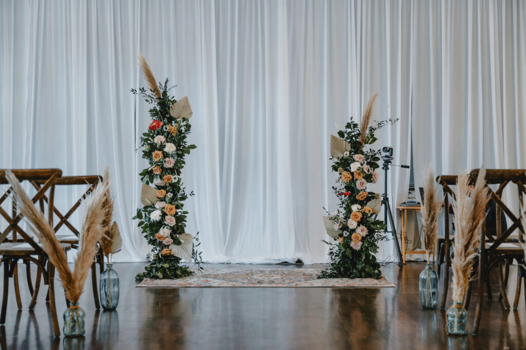 Boho Floral Wedding Ceremony Arch with Roses and Greenery | South Tampa Decor Kate Ryan Event Rentals