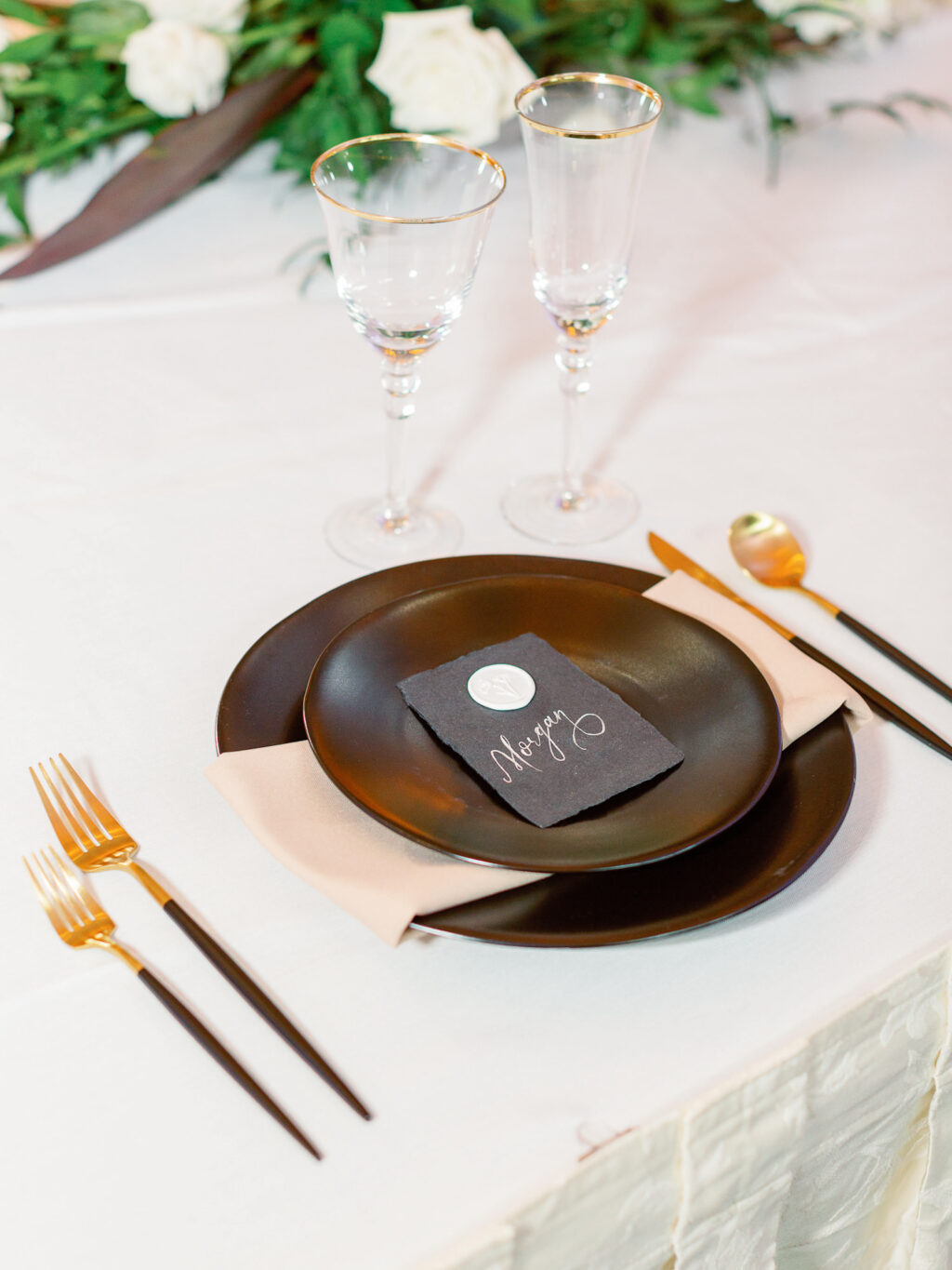 Dark Brown Wedding Plating with Gold Silverware | Black and Gold Wedding Place setting