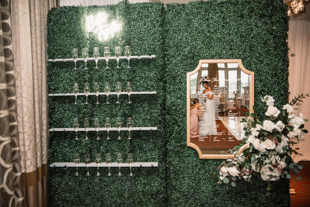 Wedding Champagne Wall with Greenery Backdrop | Reception Drink and Decor Ideas | Tampa Bay Rental Company Gabro Event Services