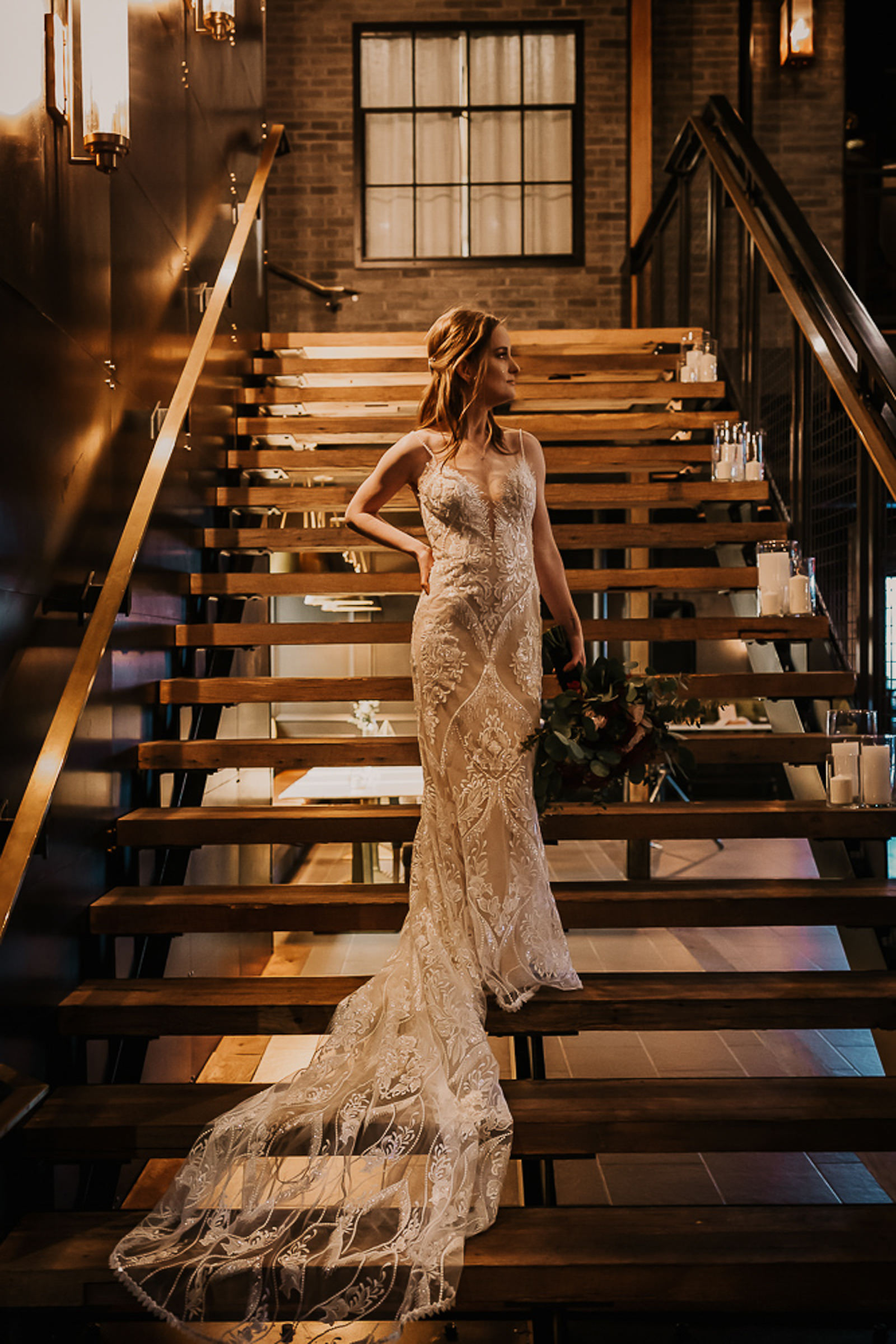 Bride in Vintage Inspired Lace Wedding Dress | Off White Fitted Detail Plunge Neckline | Chic Nostalgia | Downtown St. Pete Wedding Venue Urban Stillhouse