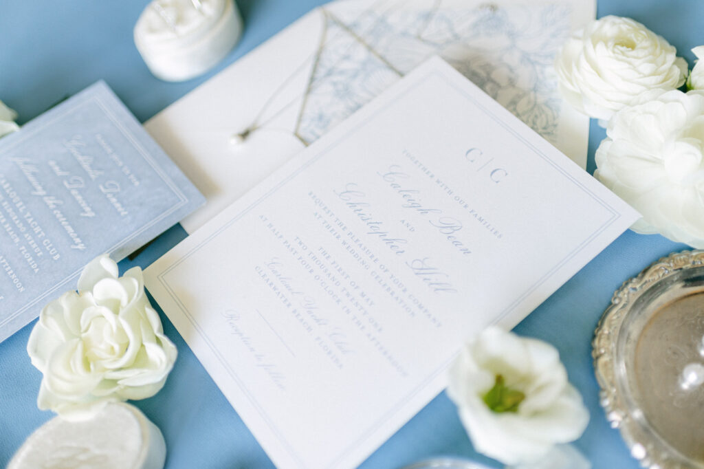 Slate Blue Florida Wedding Letterpress Invitation Suite, Ivory Stationery with Dusty Blue Accents | Tampa Bay Florist Bruce Wayne Florals