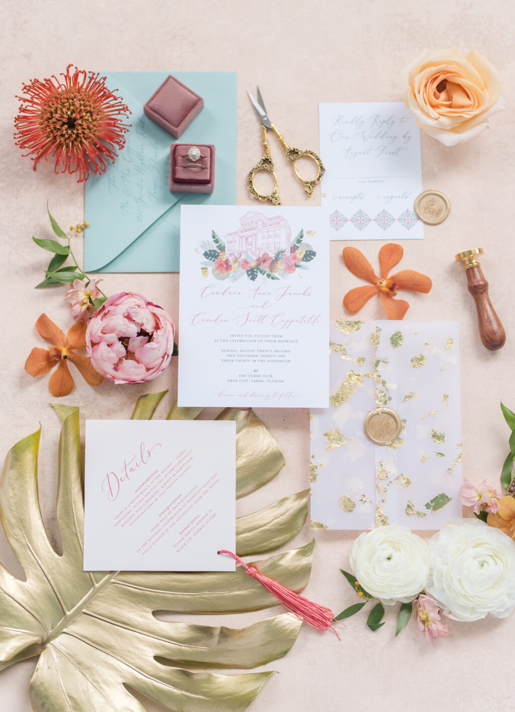 Colorful and Floral Wedding Invitation Suite with Watercolor Wedding Venue Historic Tampa The Cuban Club Design, Gold Painted Monstera Leaf, Pink Pin Cushion Protea, Pink Garden Rose, Engagement Ring in Mauve Ring Box | Tampa Bay Wedding Planner Eventfull Weddings