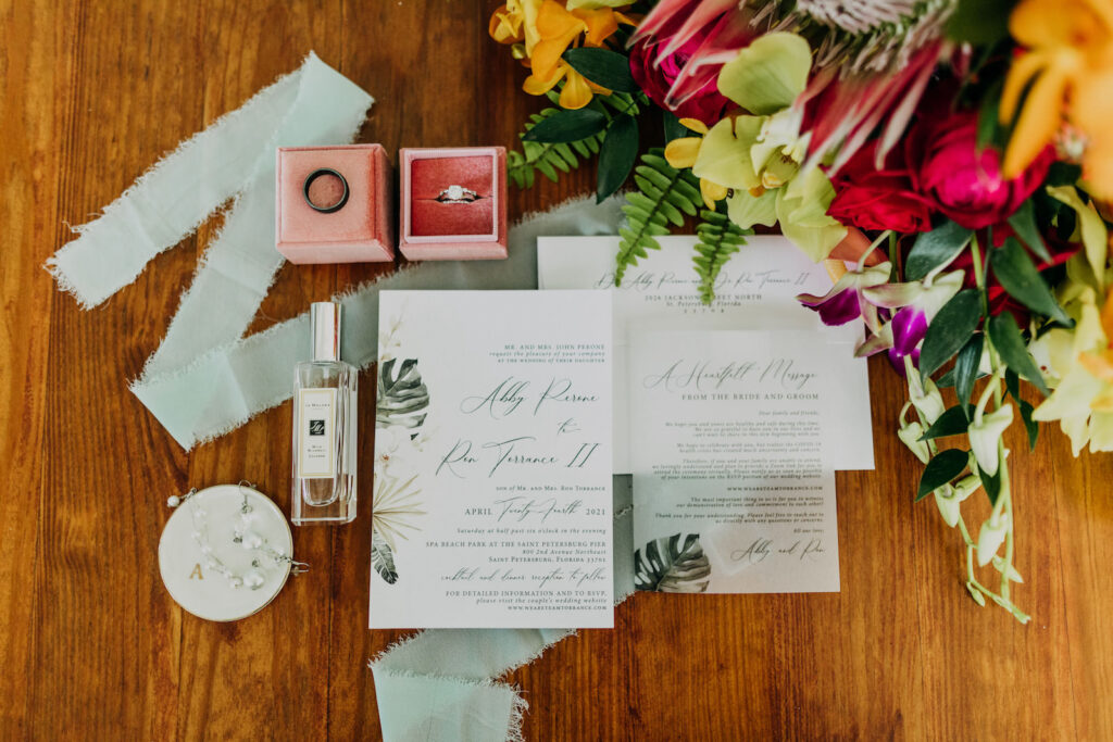 Tropical Green Palm Leaves and White Wedding Invitation Suite, Bridal Accessories | Tampa Bay Wedding Photographer Amber McWhorter Photography