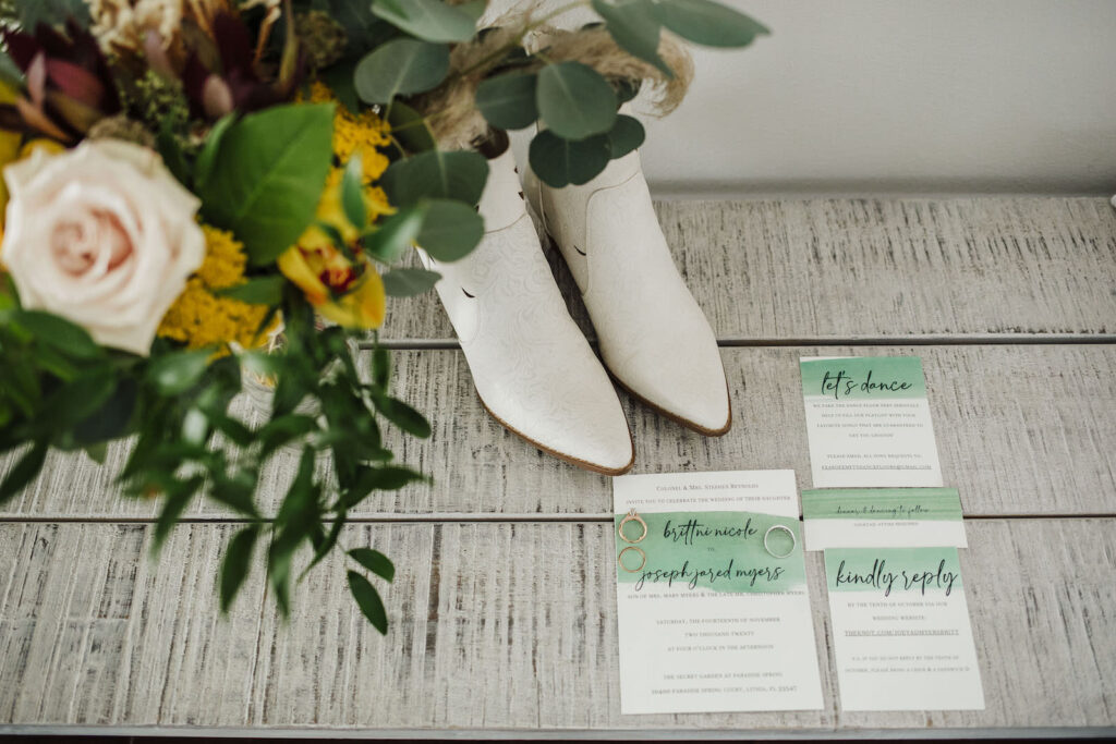 White and Sage Green Modern Bohemian Wedding Invitations | White Boot Wedding Shoes