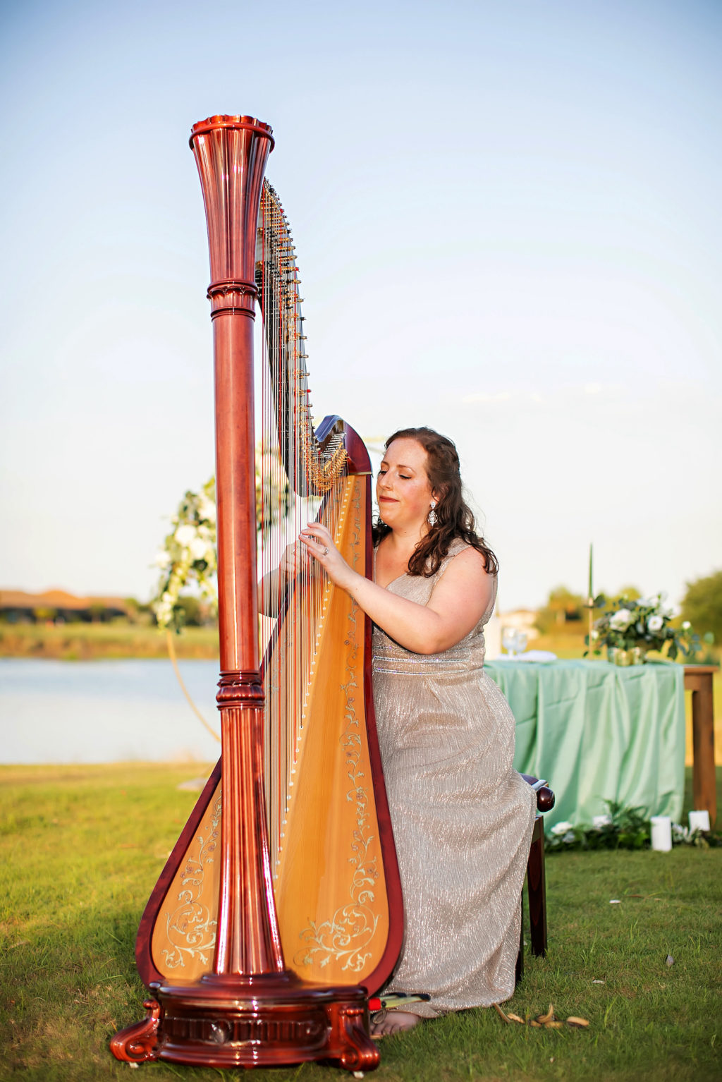 Harpist Playing Wedding Reception Music | Tampa Bay Wedding Photographer Limelight Photography | Wedding Venue Esplanade Country Club