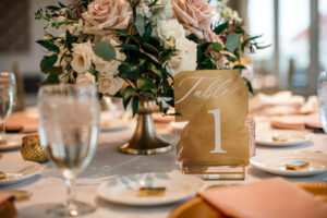 Gold Table Numbers with White and Pale Pink Rose Centerpieces | Wedding Reception Decor Ideas