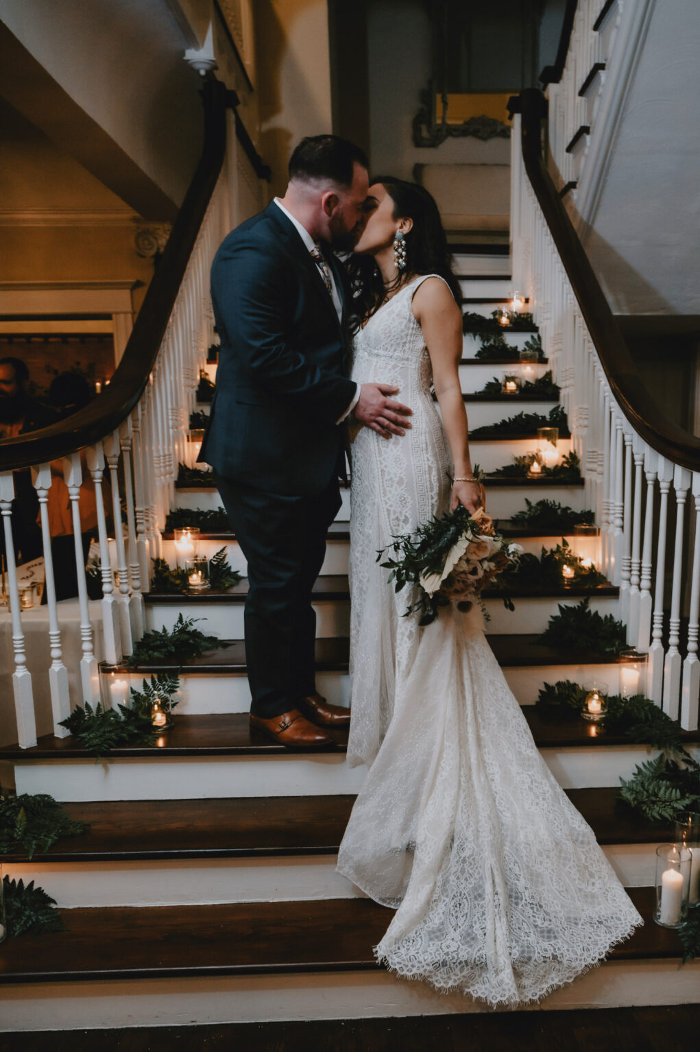 Bride and Groom Staircase Kiss Portrait | Tampa Bay Wedding Photographer and Videographer Iyrus Weddings | South Tampa Venue The Orlo