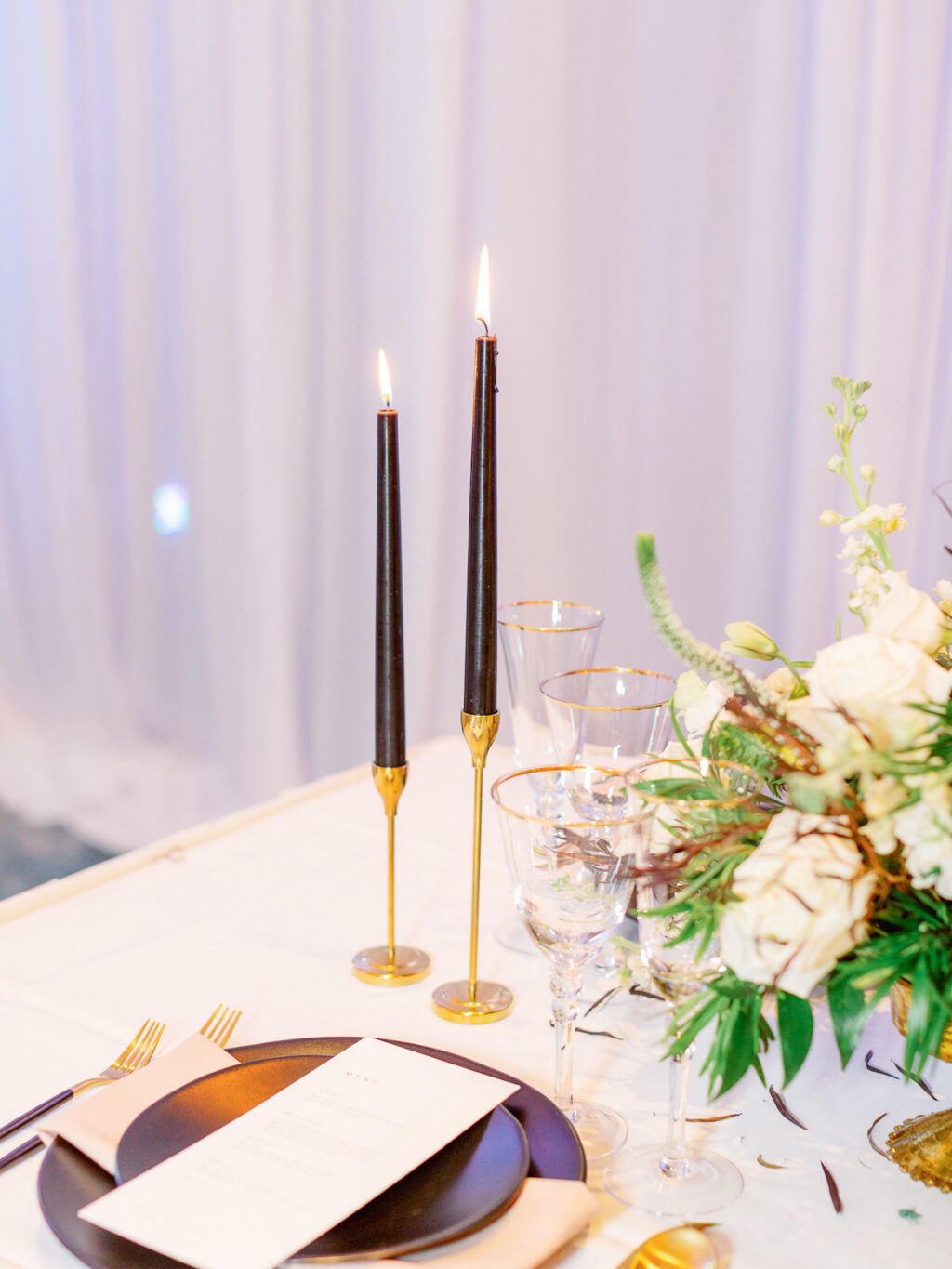 Black Candle in Gold Holder for Reception Tablescape Wedding Décor