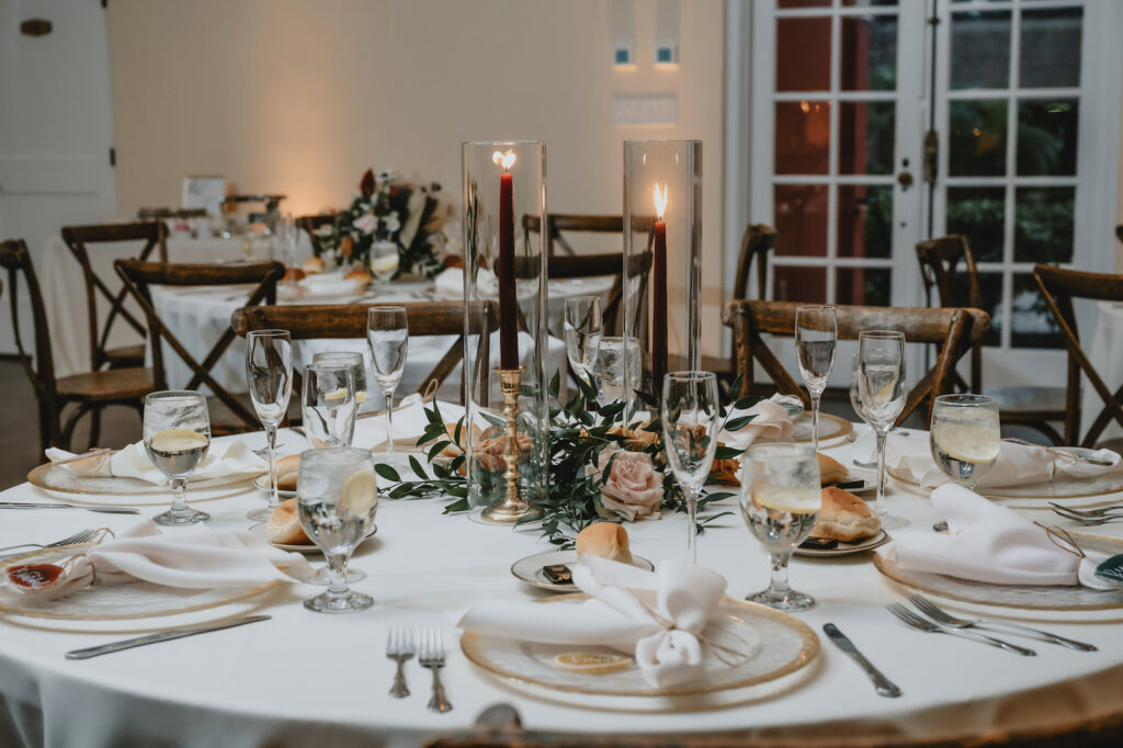 Boho White Linen Table Cloth with Clear and Gold Chargers Wedding Tablescapes | South Tampa Decor Kate Ryan Event Rentals