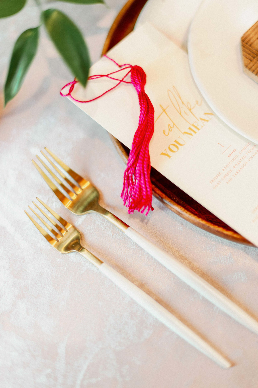 Whimsical and Colorful Wedding Reception Decor, Wooden Charger and Geometric Wood Shape Place Card, Hot Pink Fuschia Tassel, White and Gold Font Menu, White and Gold Modern Flatware | Tampa Bay Wedding Photographer Dewitt for Love | Linen Rentals Kate Ryan Event Rentals