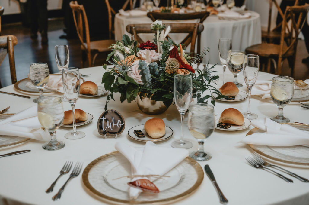 Fall Boho Low Floral Centerpieces with Greenery with Clear and Gold Charges Wedding Tablescapes | South Tampa Decor Kate Ryan Event Rentals