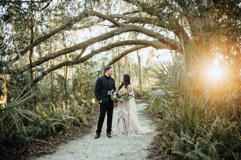 Bride and Groom Sunset Woodsy Nature Portrait | Tampa Wedding Venue Paradise Springs