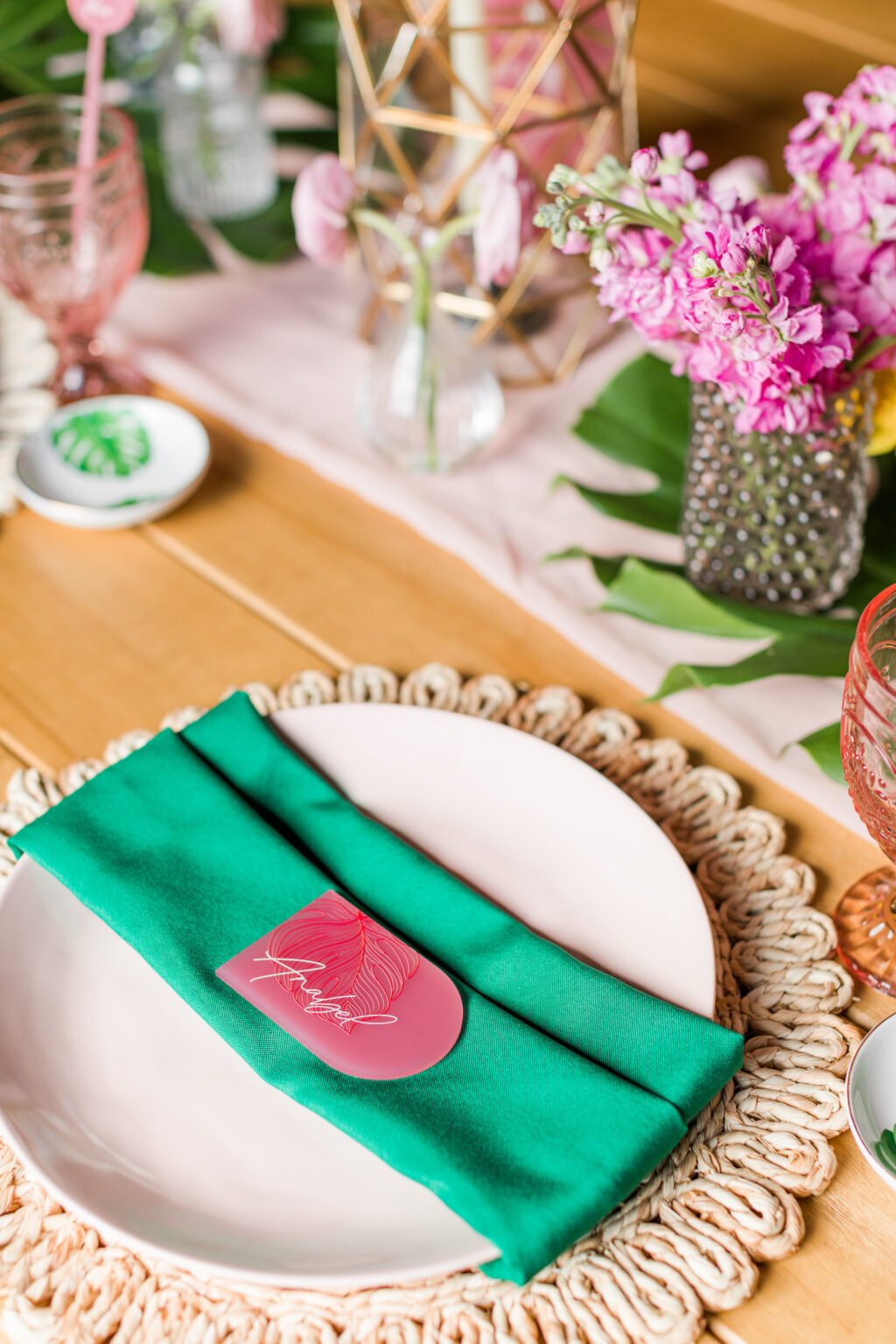 Boho Mid-Century Modern Wedding Reception Decor, Sweetheart Table, Wicker Charger, Plate with Turquoise Linen Napkin with Coral Pink Acrylic Rounded Name Place Card, Purple Flowers | Florida Wedding Planner Coastal Coordinating | Big Fake Wedding Tampa