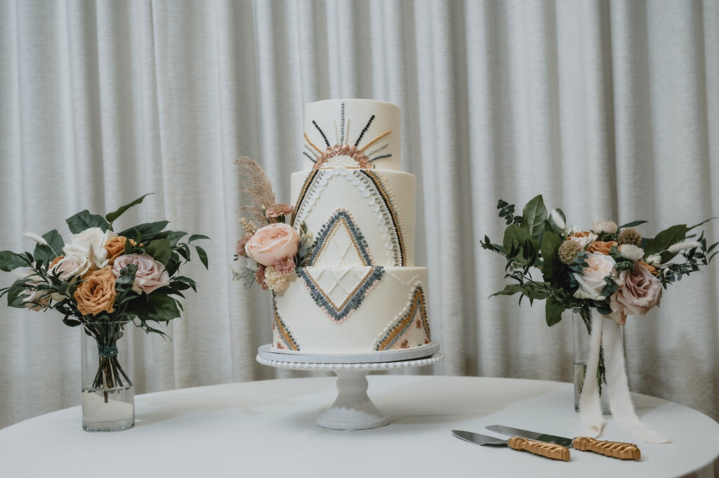Three Tier Fall Boho White Wedding Cake with Blush Rose Floral Detail