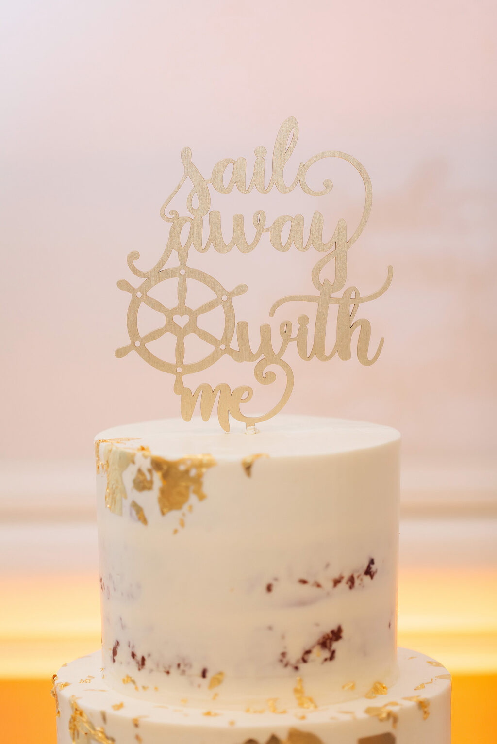 White and Gold Flake Semi Naked Wedding Cake with "Sail Away With Me" Laser Cut Cake Topper | Tampa Bay Wedding Photographer Limelight Photography