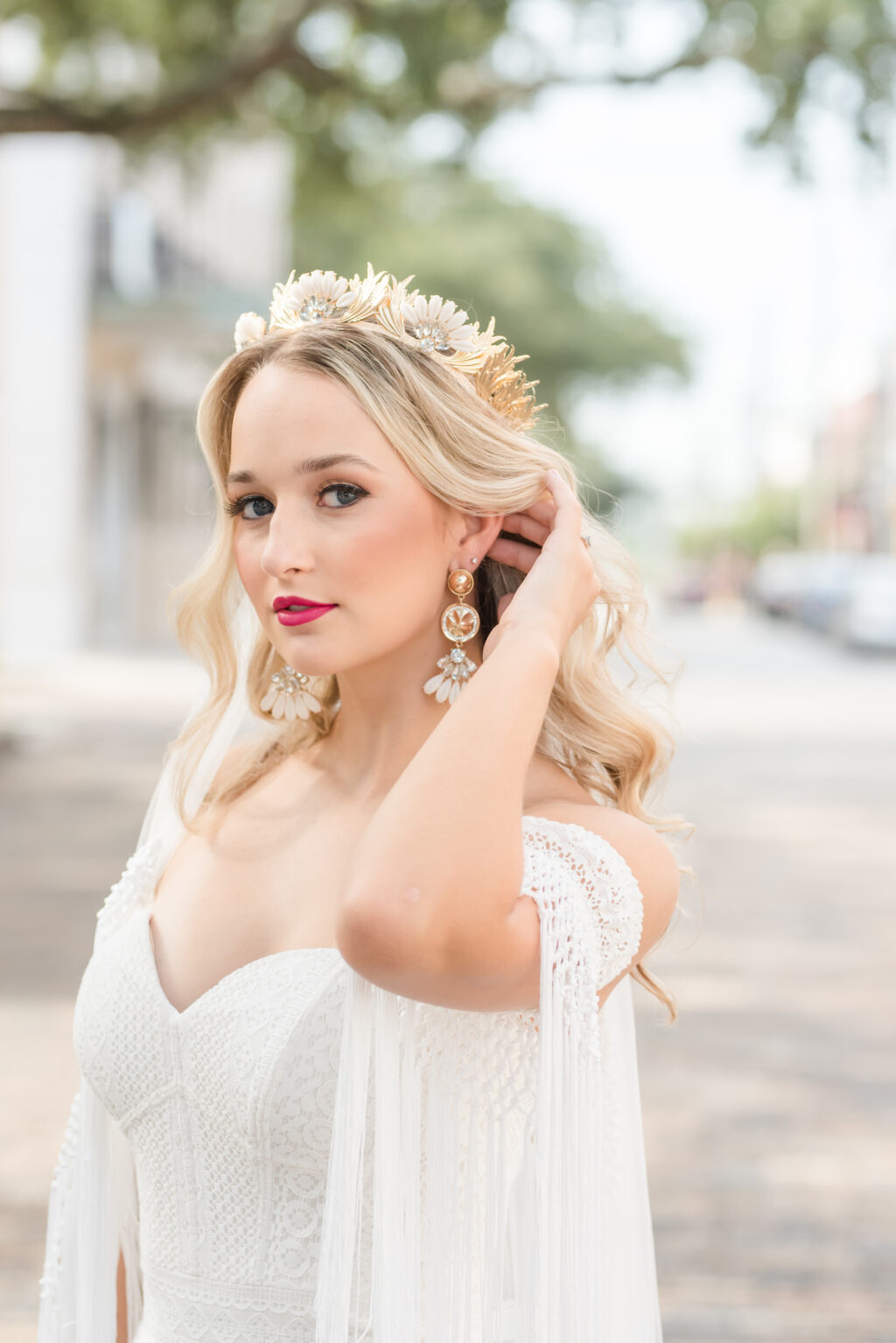 Florida Bride Wearing Vintage Strapless Wedding Dress with Fringe Off the Shoulder Sleves, Gold and Flower Crown | Tampa Bay Adore Bridal Hair and Makeup