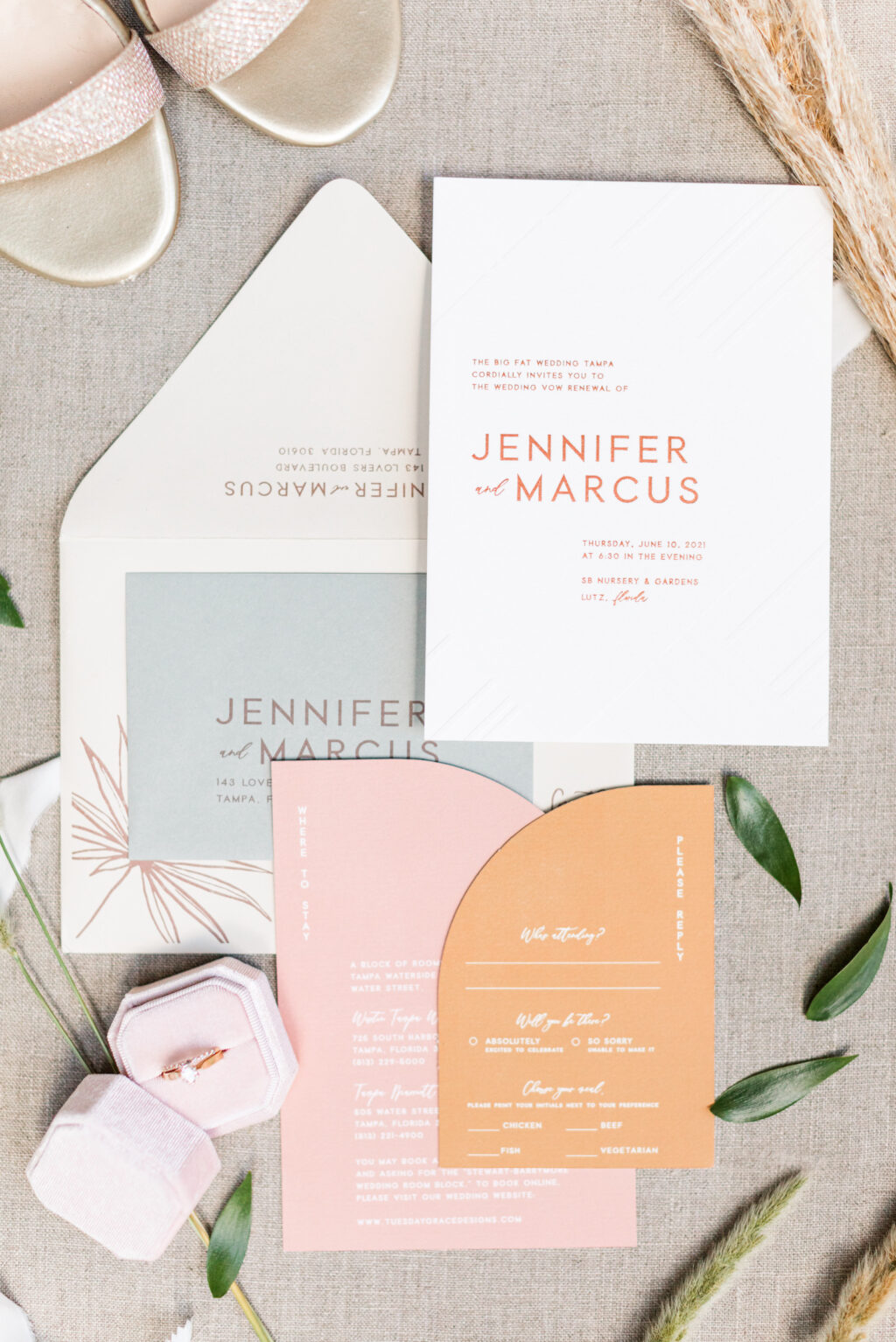 Mid-Century Modern Wedding Invitation Suite, Coral Pink, Orange Arched Stationery, Gray and White Invitation Cards | Big Fake Wedding Tampa