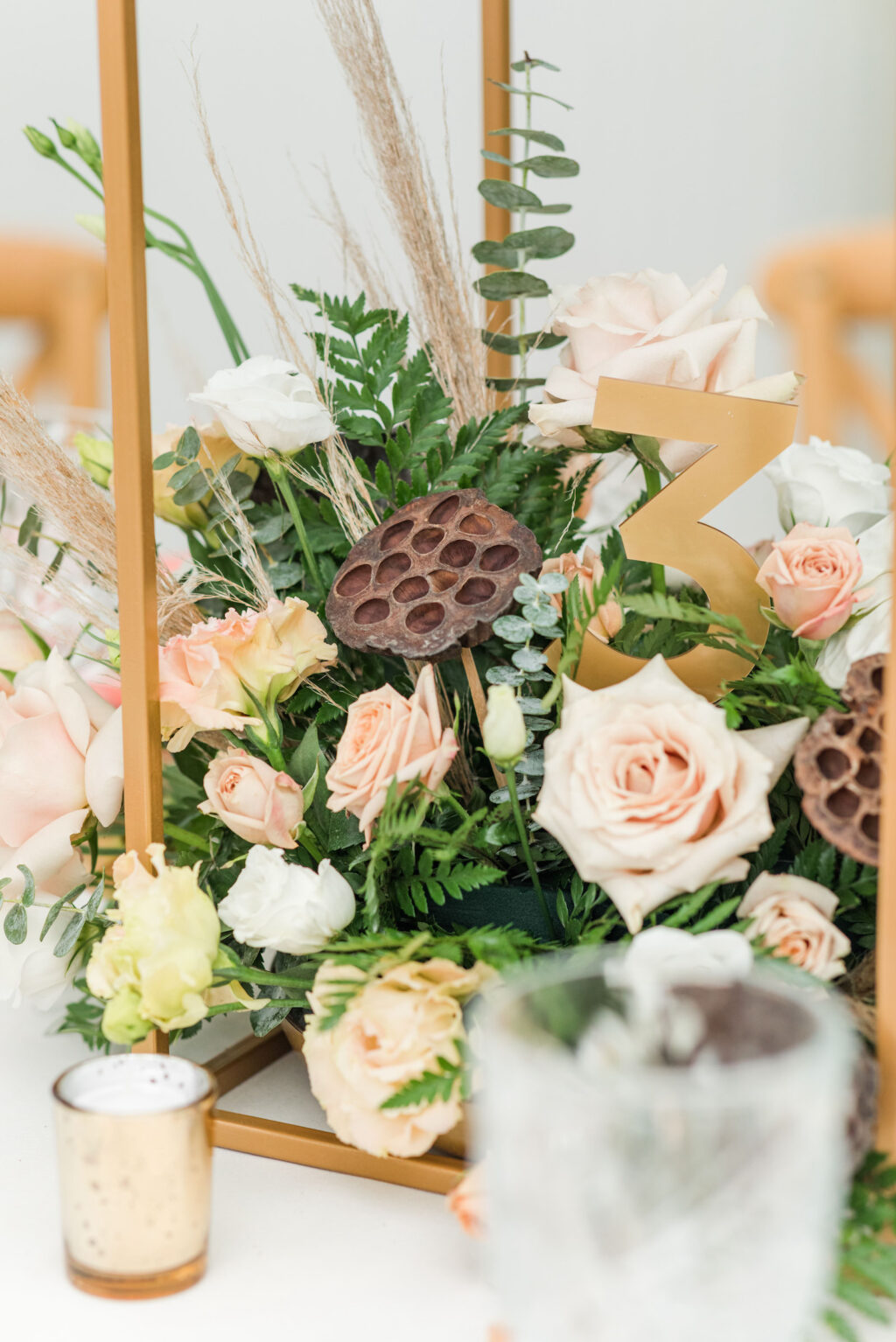 Boho Mid-Century Modern Wedding Decor, Ivory Roses, Greenery, Lotus Flower Seed Pod | Table Design Becca's Bloomin' Buds| Big Fake Wedding Tampa