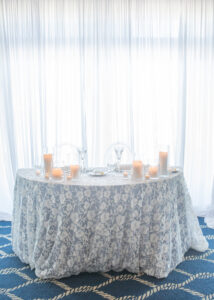 Blue and White Floral Lace Linens on Wedding Sweetheart Table | Parties A'La Carte