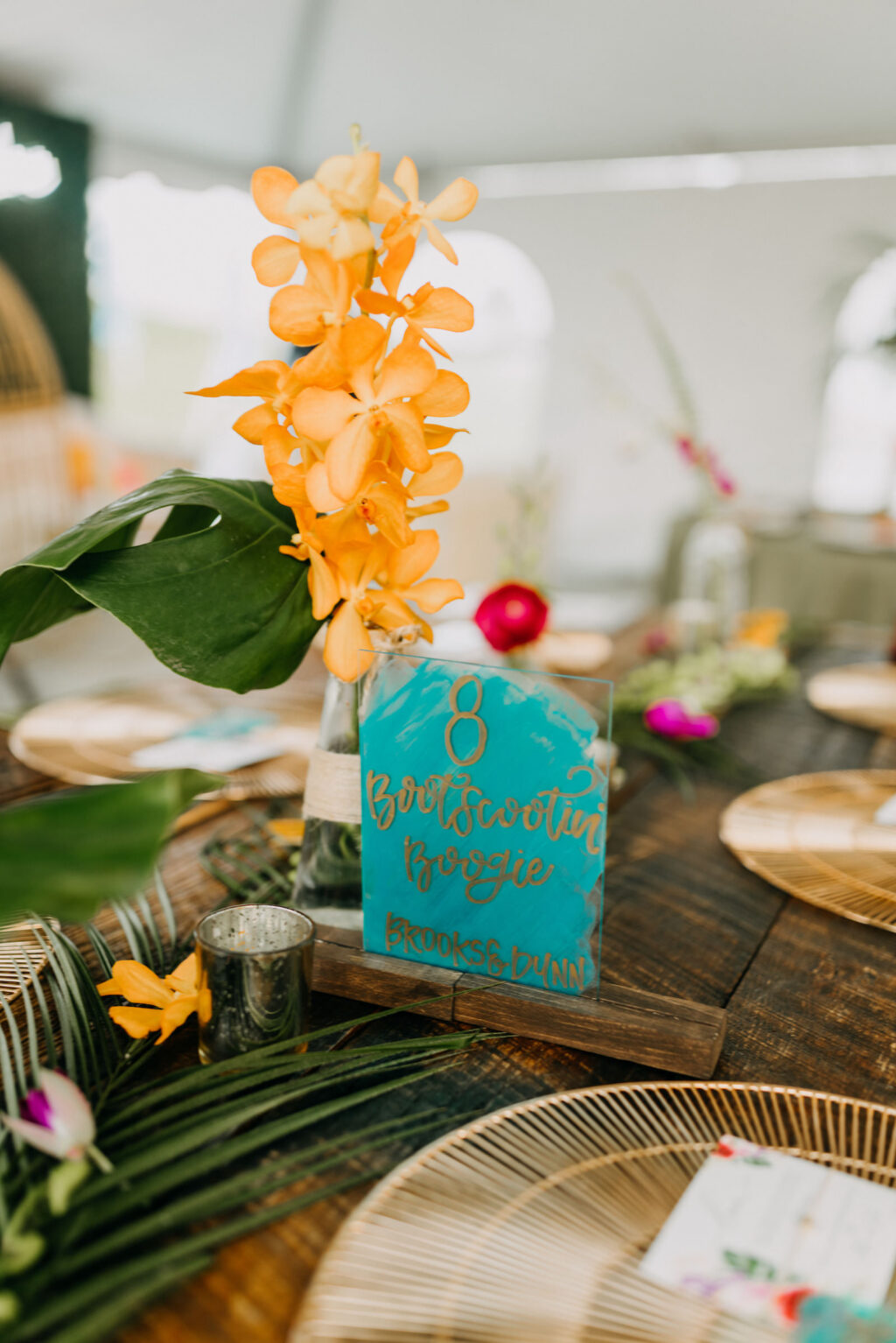 Boho Tropical Wedding Reception Decor, Acrylic Turquoise Painted and Gold Table Number Sign, Yellow Flower in Vase | Tampa Bay Wedding Photographer Amber McWhorter Photography | Wedding Rentals Kate Ryan Event Rentals