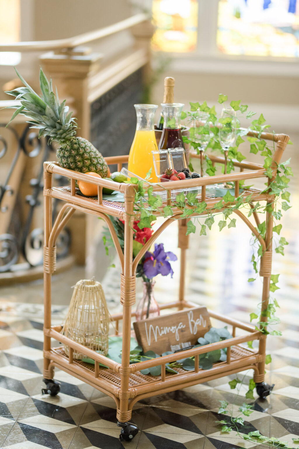 Vintage Bamboo Wooden Bar Cart with Greenery Garland | Tampa Bay Wedding Planner Eventfull Weddings