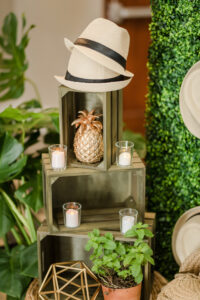 Old Havana Club Wedding Decor, Wooden Crate Boxes with Candles, Gold Pineapple, Tan Men Panama Hats | Tampa Bay Wedding Planner Eventfull Weddings | Boxwood Rental Gabro Event Services