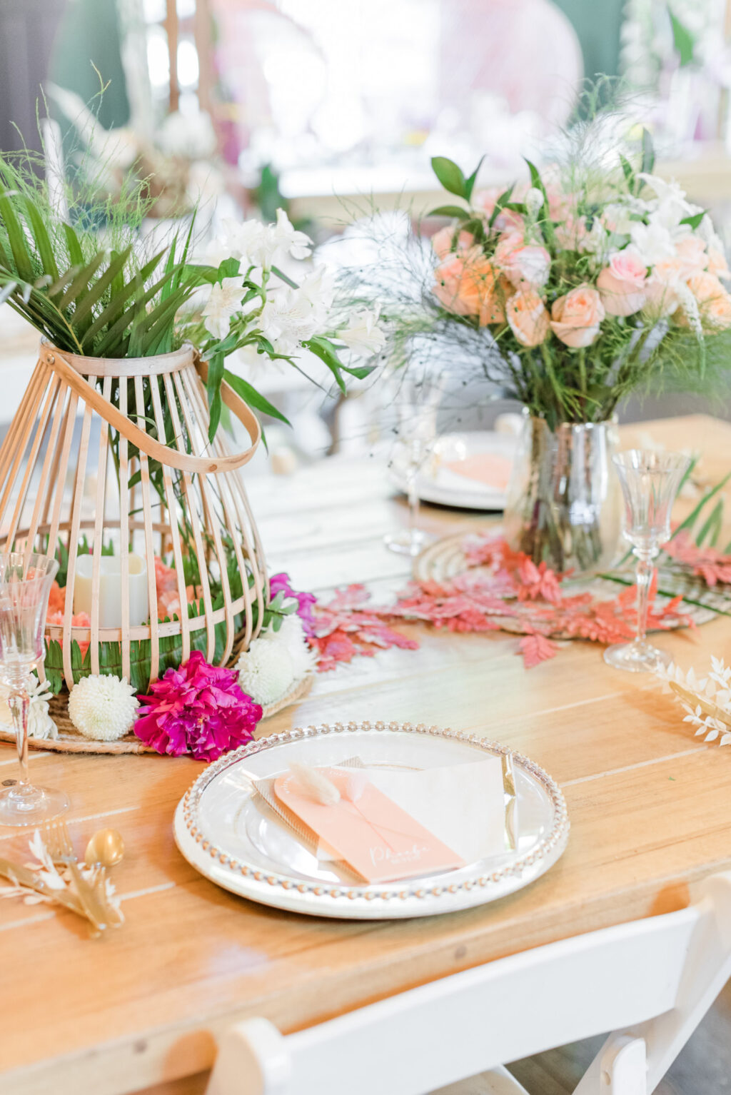 Boho Mid-Century Modern Wedding Reception Decor, White Wicker Candle Lantern with Greenery, White and Pink Flowers, Clear and Gold Beaded Charger | Tampa Bay Wedding Table and Chair Rentals Kate Ryan Event Rentals | Big Fake Wedding Tampa