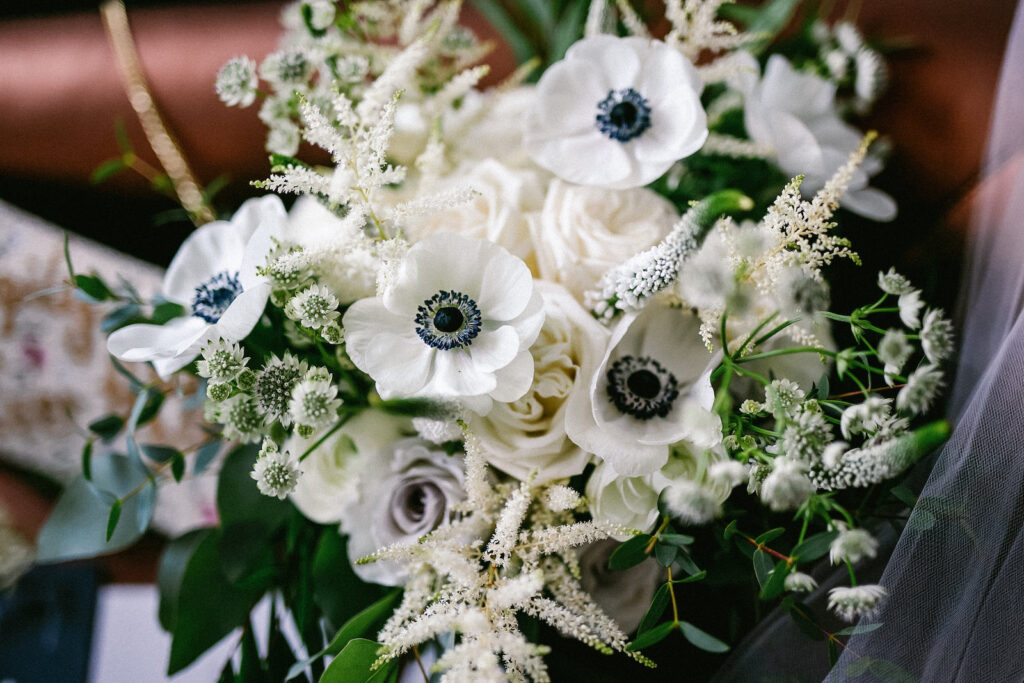 Modern Elegant Wedding Floral Bouquet, White Anemone, Greenery