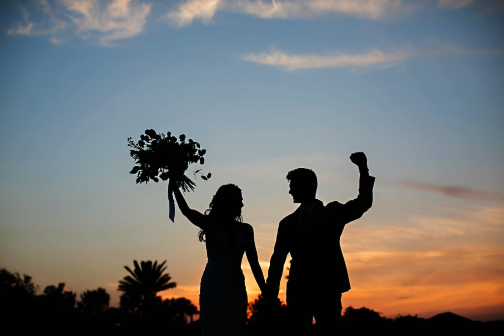 Bride and Groom Sunset Silhouette Wedding Photo | Tampa Bay Wedding Photographer Limelight Photography