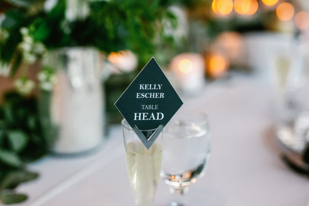 Unique Modern Wedding Reception Seating Place Card on Glass of Champagne