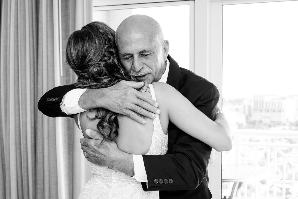 Bride Hugging Father While Getting Ready for Wedding | Tampa Bay Wedding Photographer Limelight Photography