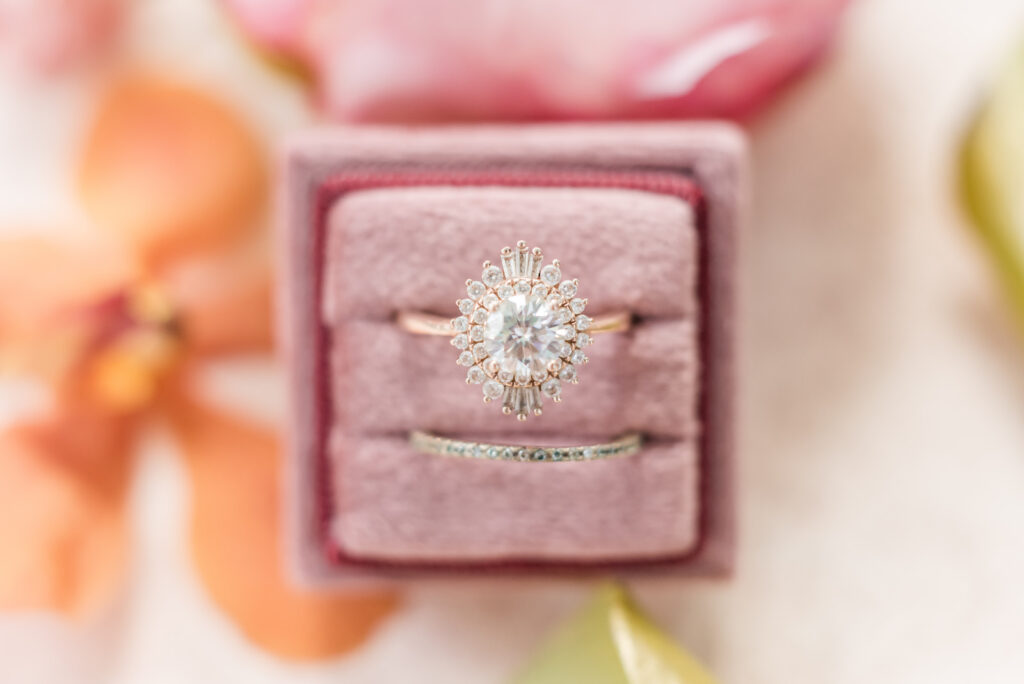Vintage Starburst Rose Gold Engagement Ring in Mauve Ring Box