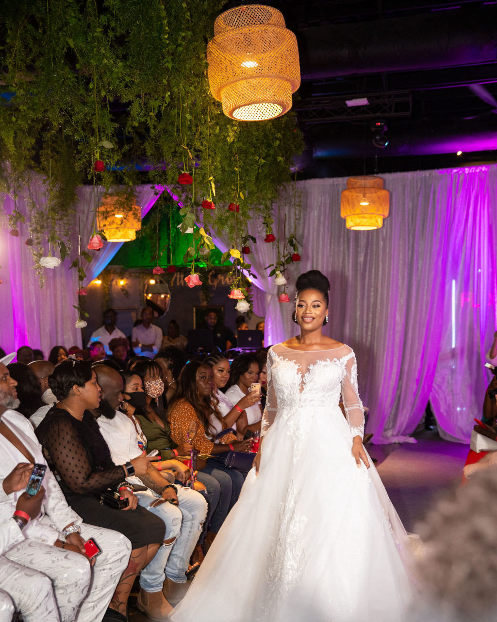 Tampa Bay Wedding Fashion Show in Ybor City, Bride Walks Down Aisle Runway in A Line Wedding Dress with Long Illusion Lace Sleeves | Designer Royal Bridal | Florida Venue 7th + Grove