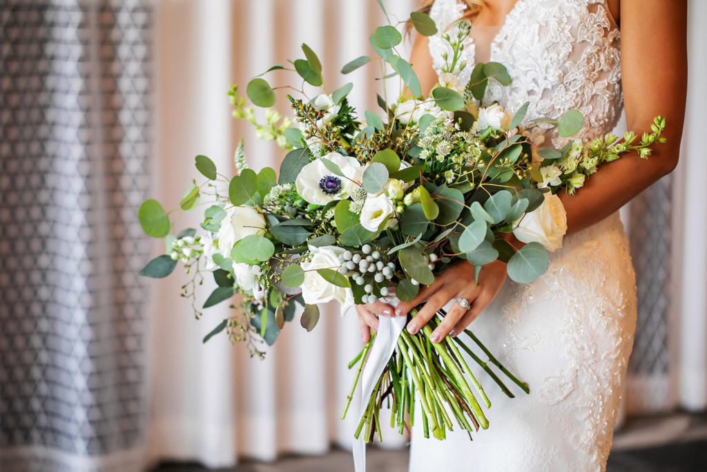 Romantic Bride Wearing Lace Fitted Wedding Dress Holding White Anemone and Roses, Eucalyptus, Greenery Floral Bouquet | Tampa Bay Wedding Photographer Limelight Photography | Wedding Dress Truly Forever Bridal Sarasota | Wedding Florist Beneva Florals | Styled Shoot