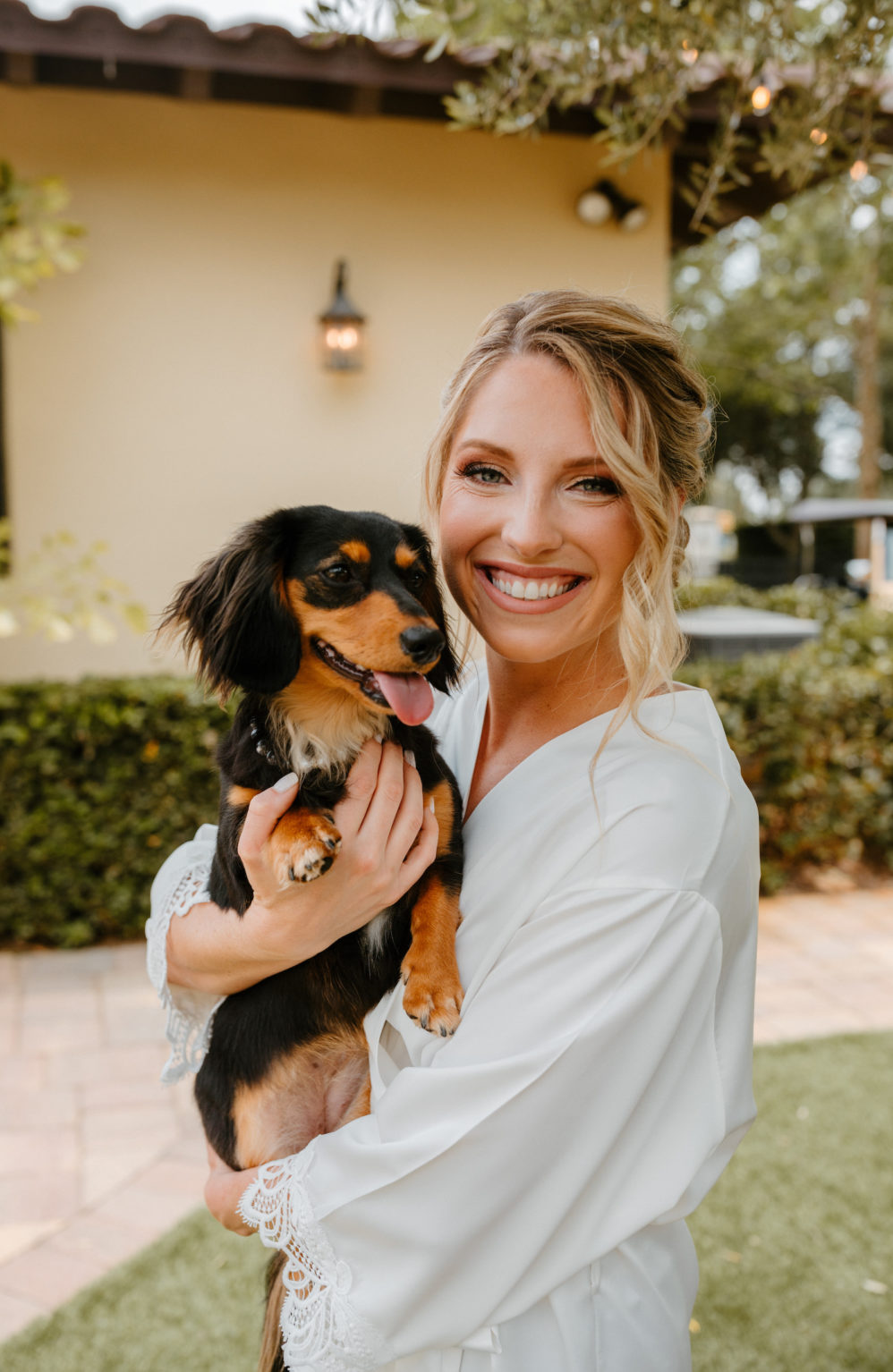 Bride and Her Dog Getting Ready On Wedding Day Portrait | Pets On Your Wedding Day | Bride and Dachshund