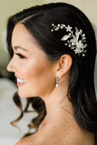 Classic Florida Wedding Attire, Tampa Bay Bridal Hair and Makeup, Bride Wearing Crystal Hair Accessory and Pearl Teardrop Earring