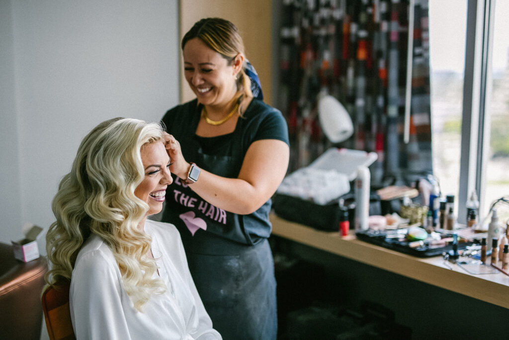 Tampa Bride Getting Wedding Hair and Makeup Down, Loose Curls | Tampa Bay Wedding Hair and Makeup Femme Akoi Beauty Studio