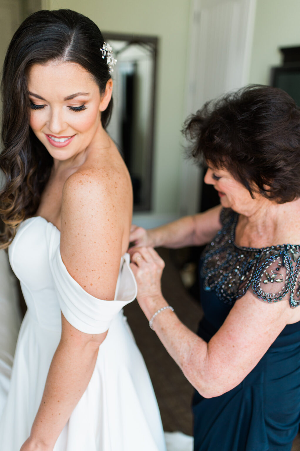 Classic Florida Wedding Attire, Tampa Bay Bride with Mother Wearing Stella York White Off the Should Wedding Dress with Crystal Hair Accessory and Pearl Teardrop Earrings