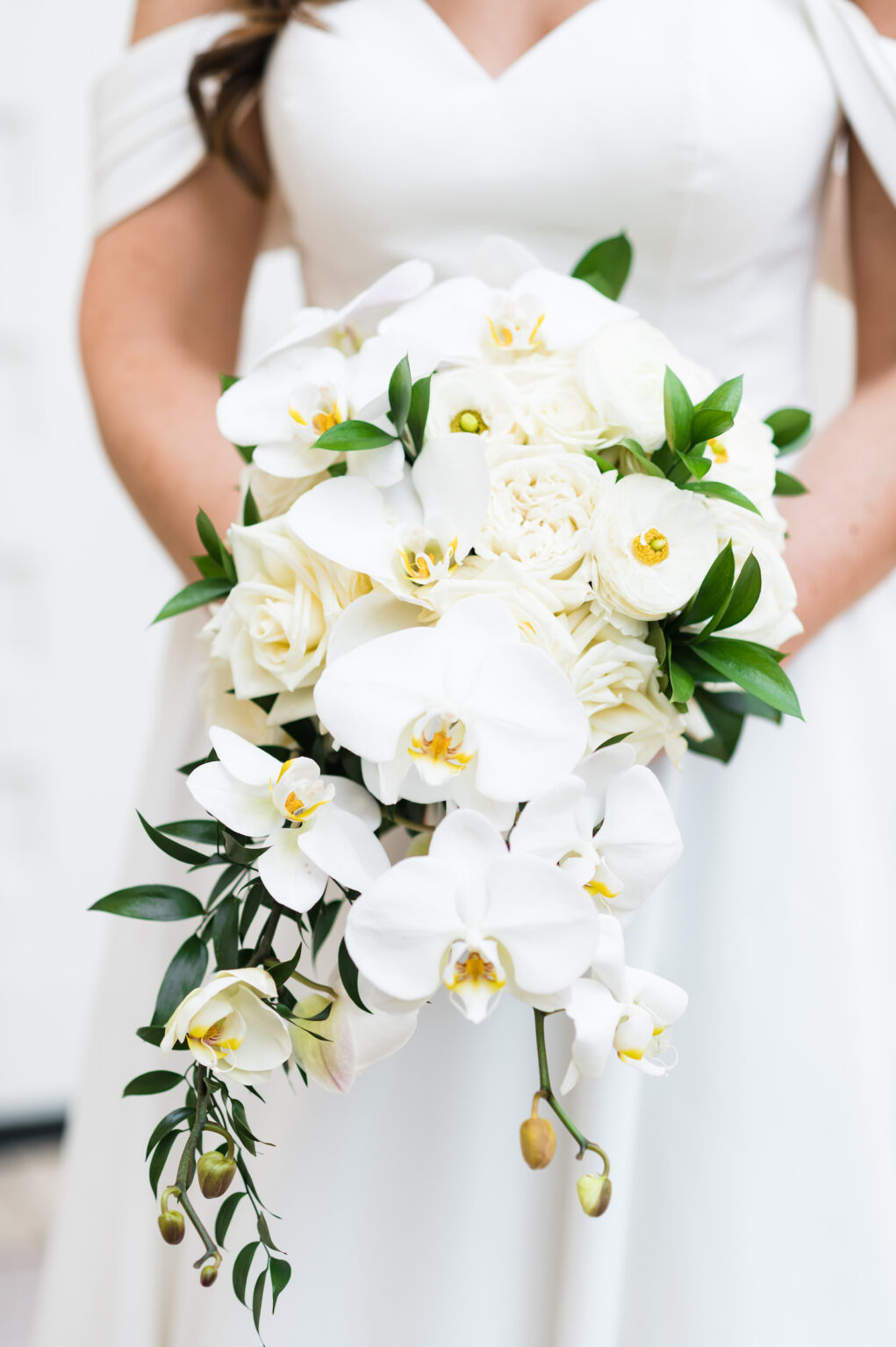Classic Florida Bridal Bouquet with White Roses and Orchids, Bride Wearing Stella York Off the Shoulder Sleeves | Tampa Bay Wedding Florist Bruce Wayne Florals | Florida Wedding Planner Parties A La Carte